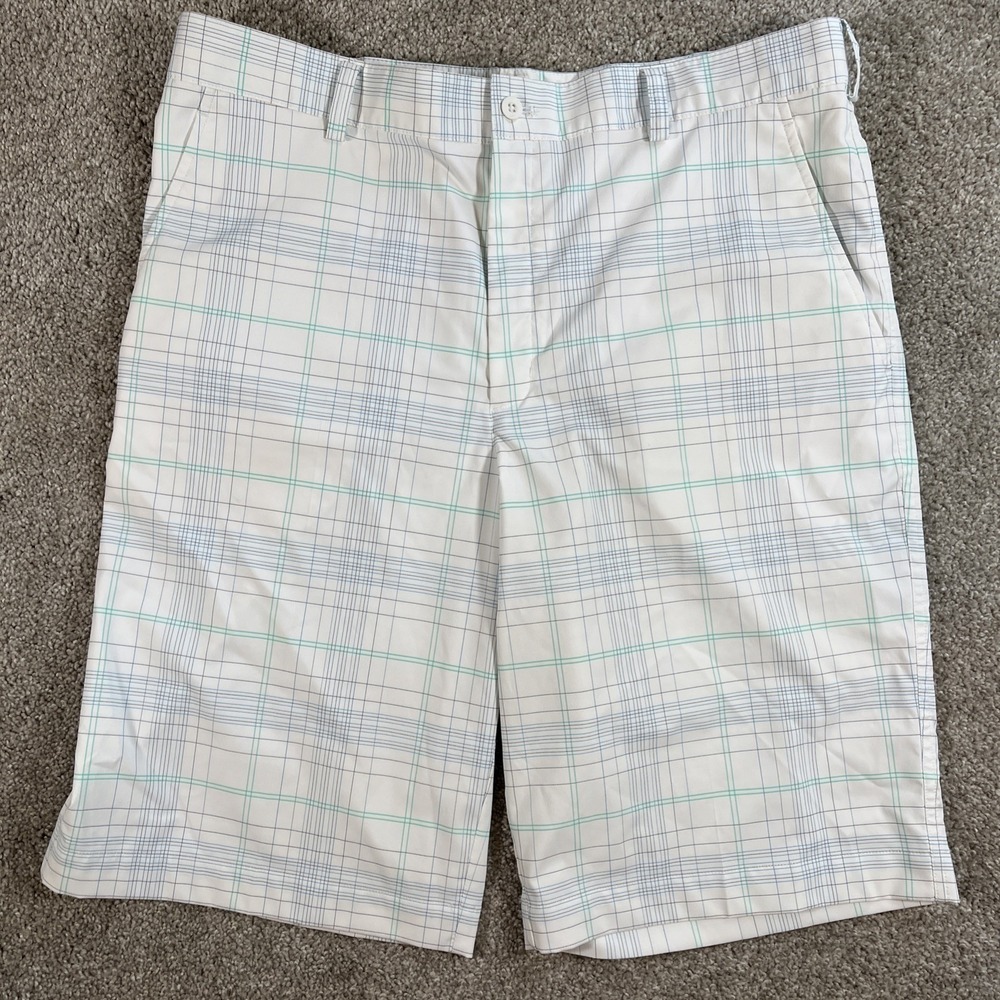 Nike‎ Golf Shorts Men's 36 White Blue Green Plaid Flat Front Performance Stretch